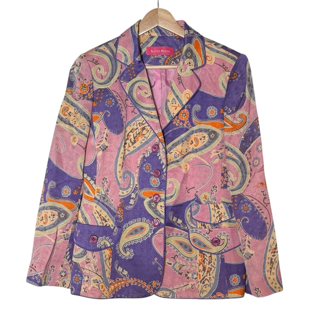 Burda Moon Lightweight Wool Blend Colorful Paisley Blazer Jacket Size S Pink